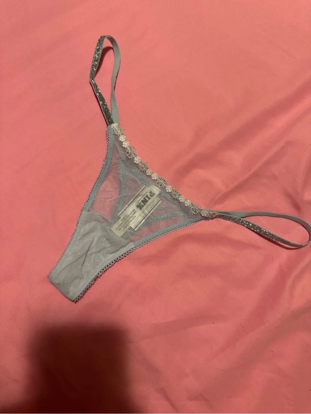 PINK Victoria's Secret Light Blue Sheer Floral-Trim Thong